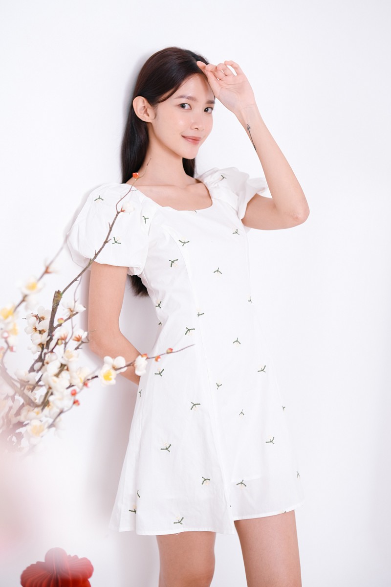 Daycee Floral Embroidered Puff Sleeve Dress in White