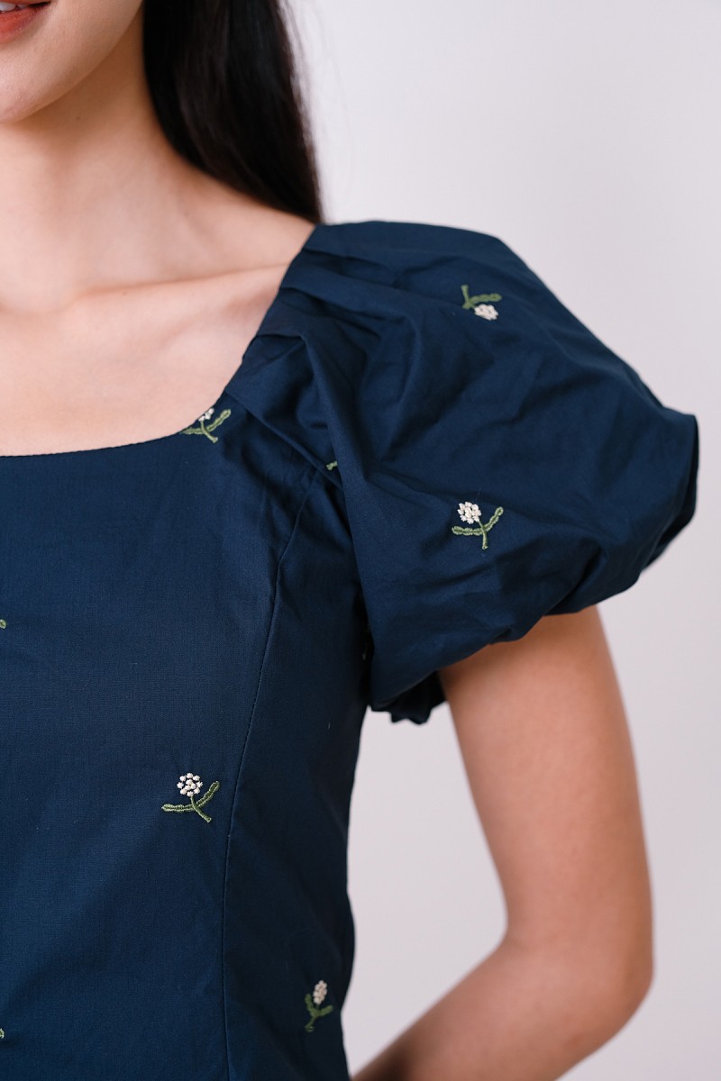 Daycee Floral Embroidered Puff Sleeve Dress in Navy