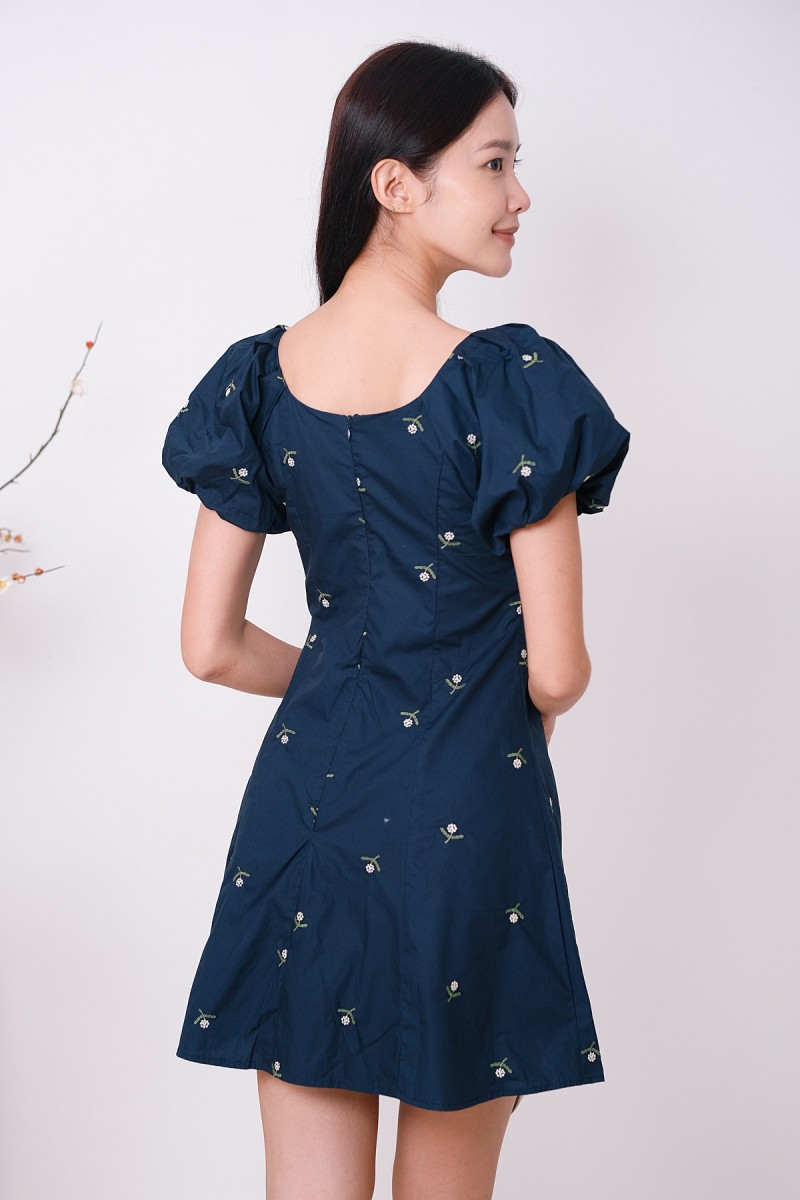 Daycee Floral Embroidered Puff Sleeve Dress in Navy