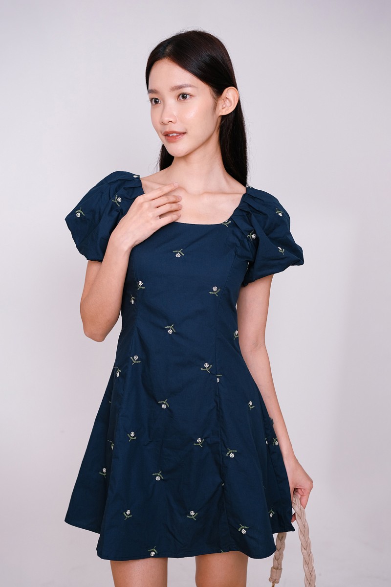 Daycee Floral Embroidered Puff Sleeve Dress in Navy