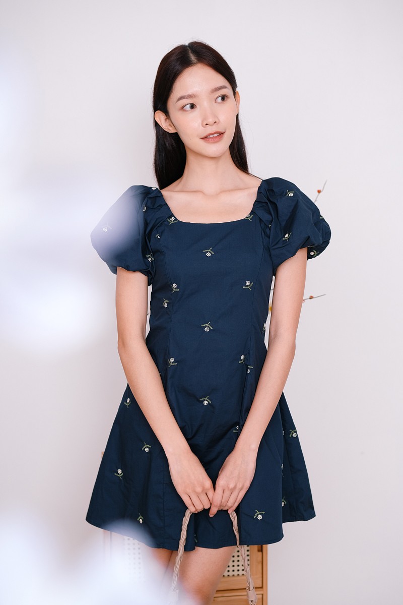 Daycee Floral Embroidered Puff Sleeve Dress in Navy