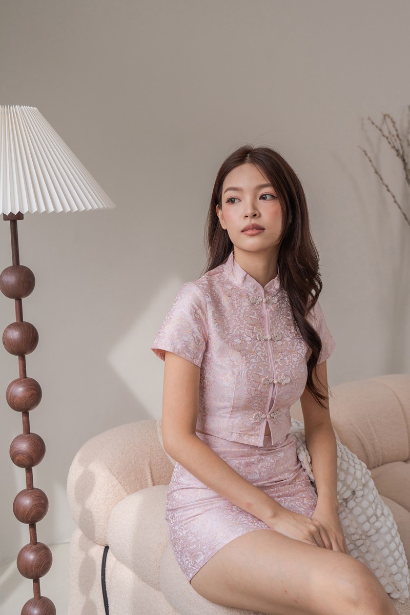 RESTOCK: Yuan Embossed Cheongsam Co-ord Top in Pink