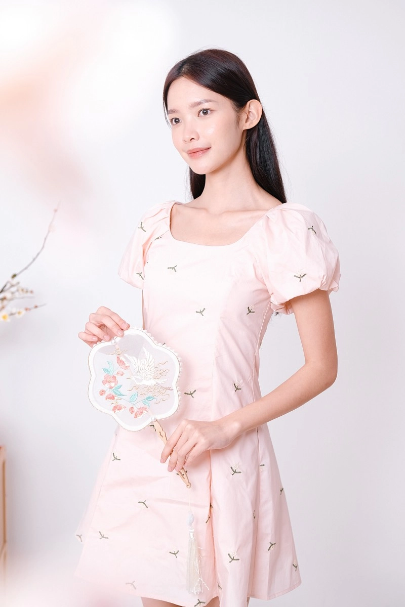 Daycee Floral Embroidered Puff Sleeve Dress in Pink