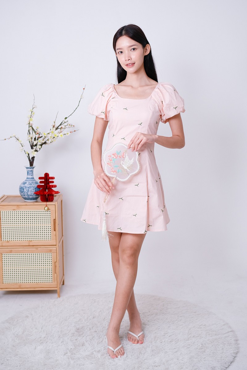 Daycee Floral Embroidered Puff Sleeve Dress in Pink