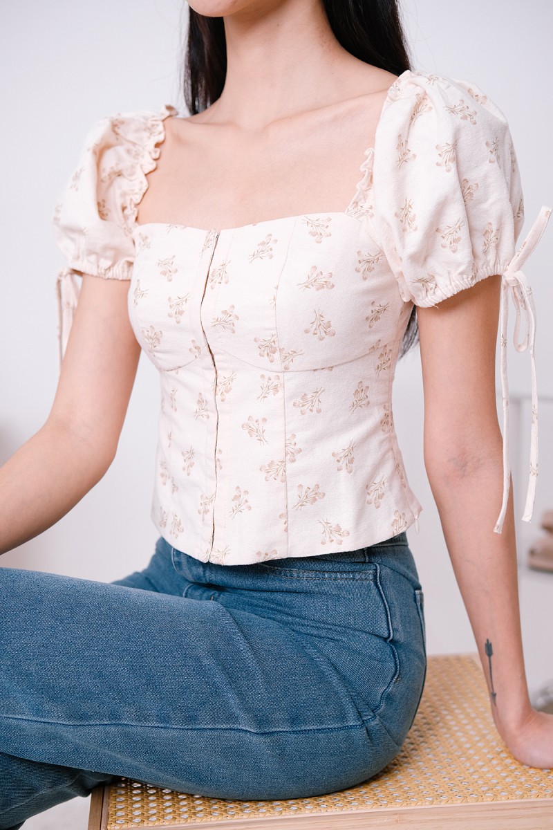 Rosemary Floral Puff Sleeve Top in Brown