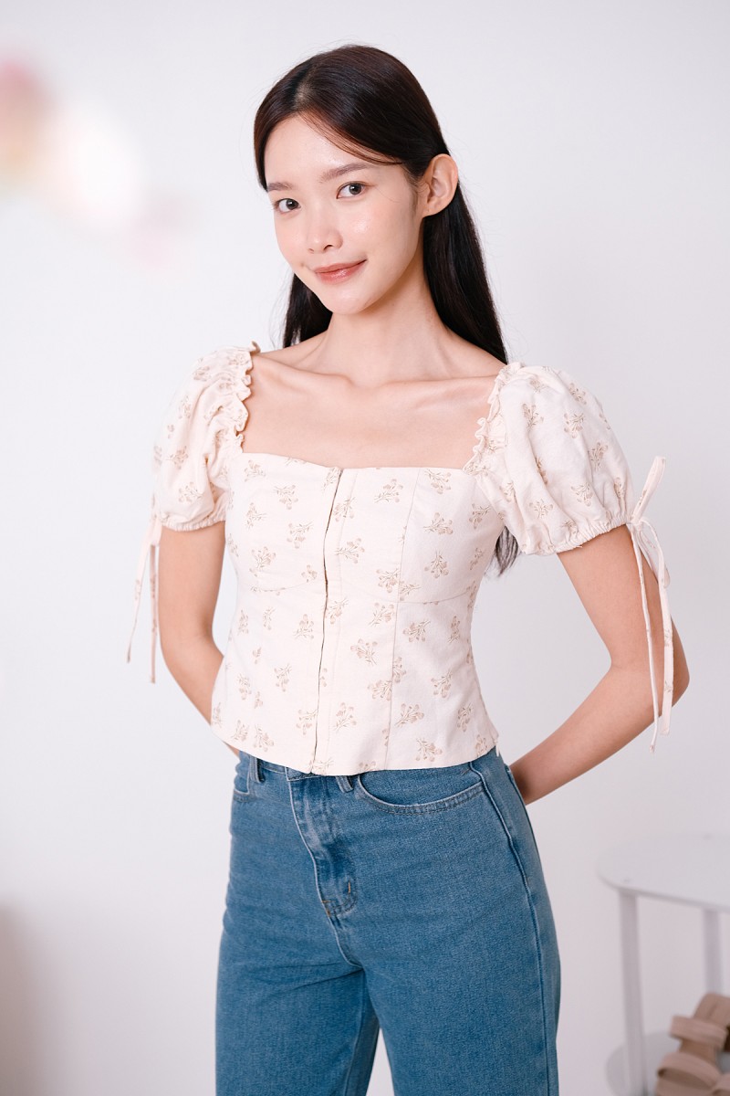 Rosemary Floral Puff Sleeve Top in Brown