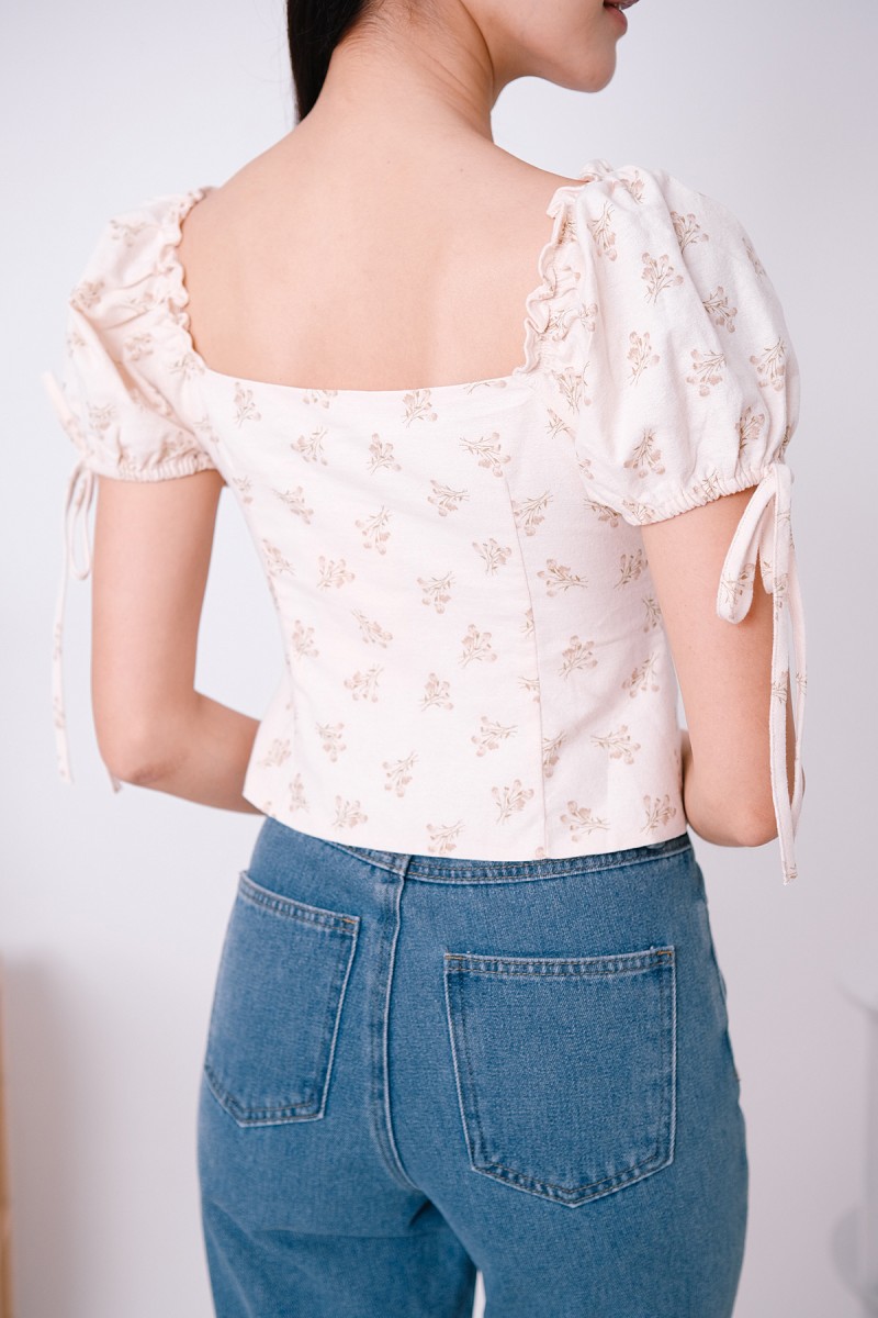 Rosemary Floral Puff Sleeve Top in Brown