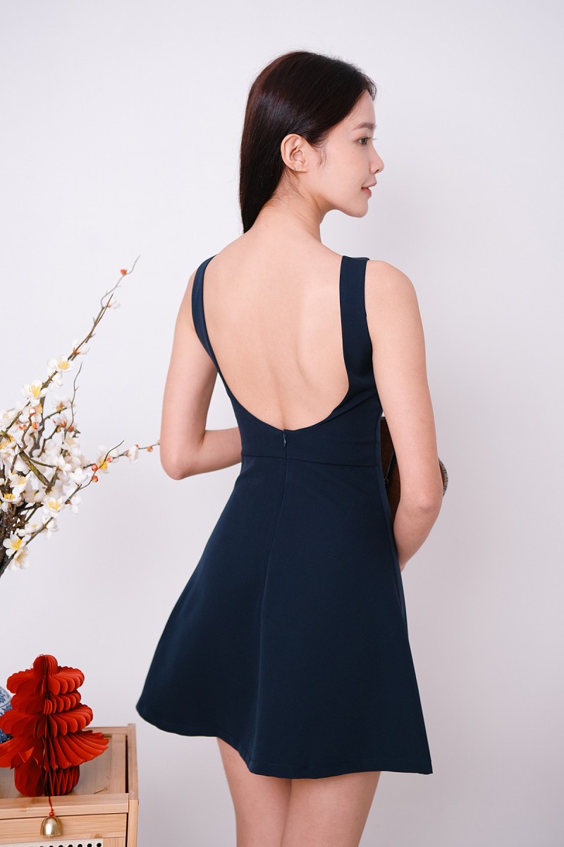 Amara Padded Low Back Dress in Navy