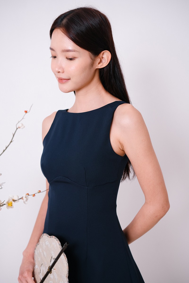 Amara Padded Low Back Dress in Navy