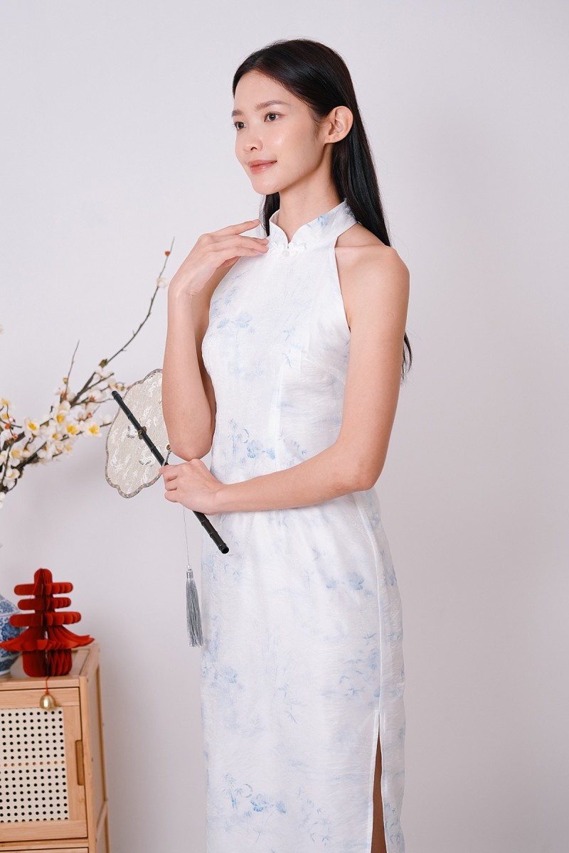 Fen Watercolour Midi Cheongsam in Blue