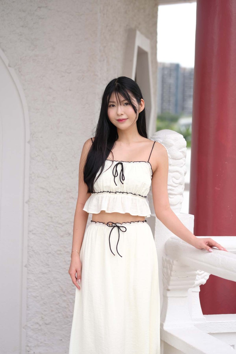 Clara Contrast Ribbon Skirt in Cream