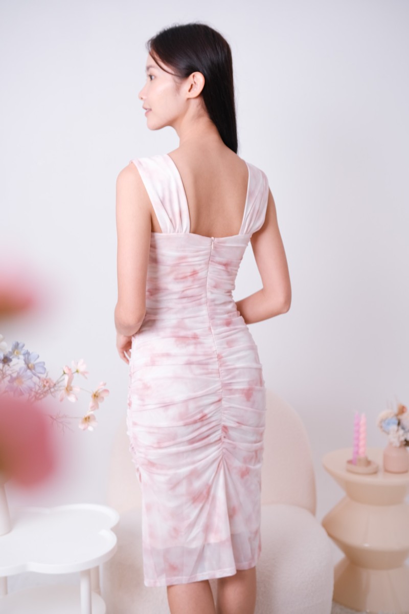 Saffron Mesh Ruched Dress in Pink Watercolour