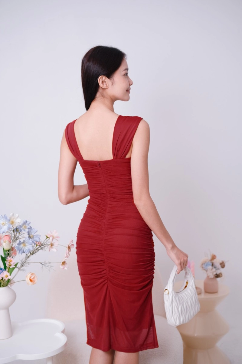 Saffron Mesh Ruched Dress in Wine