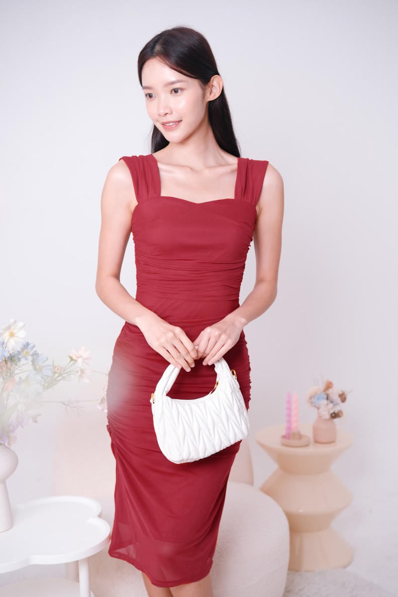 Saffron Mesh Ruched Dress in Wine