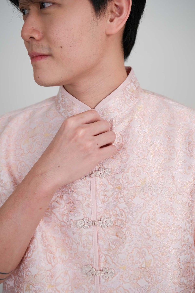 BACKORDERS: Yuan Embossed Cheongsam Shirt in Pink