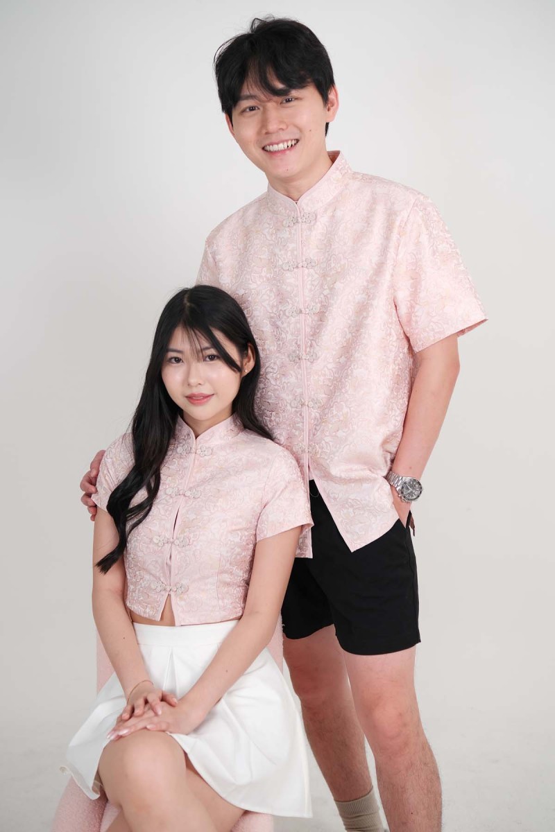 BACKORDERS: Yuan Embossed Cheongsam Shirt in Pink