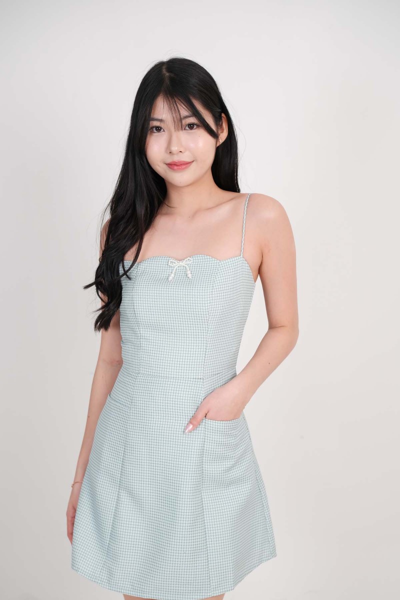 BACKORDERS: Vivienne Tweed Ribbon Romper Dress in Tiffany