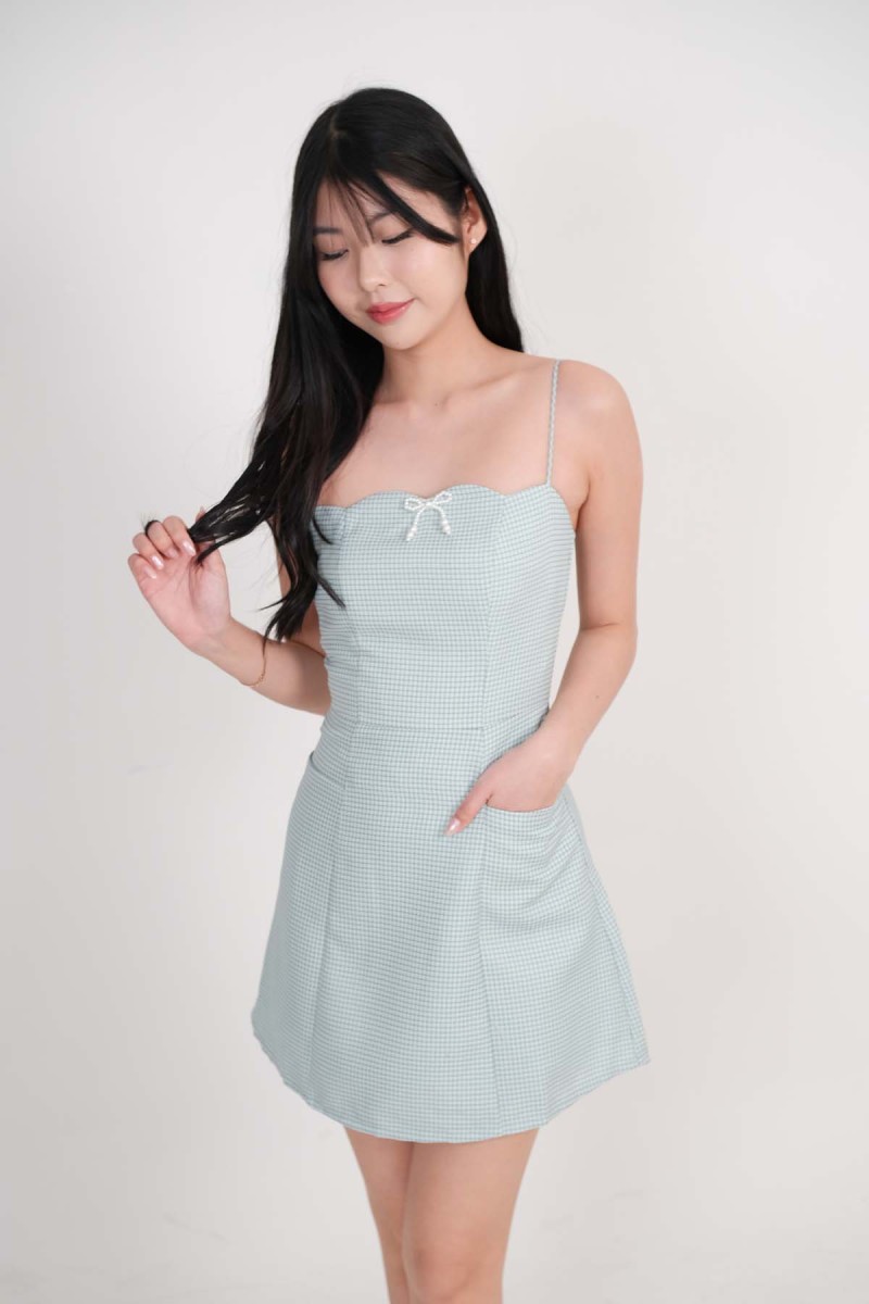 BACKORDERS: Vivienne Tweed Ribbon Romper Dress in Tiffany