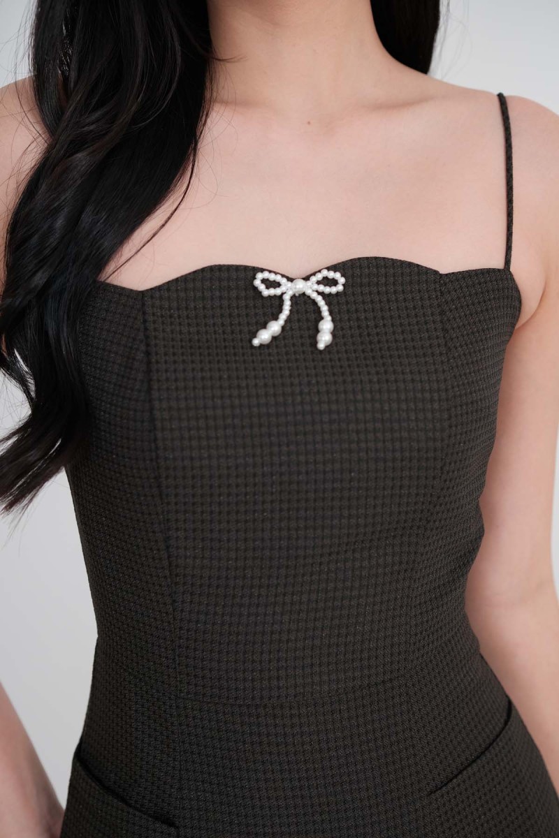 BACKORDERS: Vivienne Tweed Ribbon Romper Dress in Black