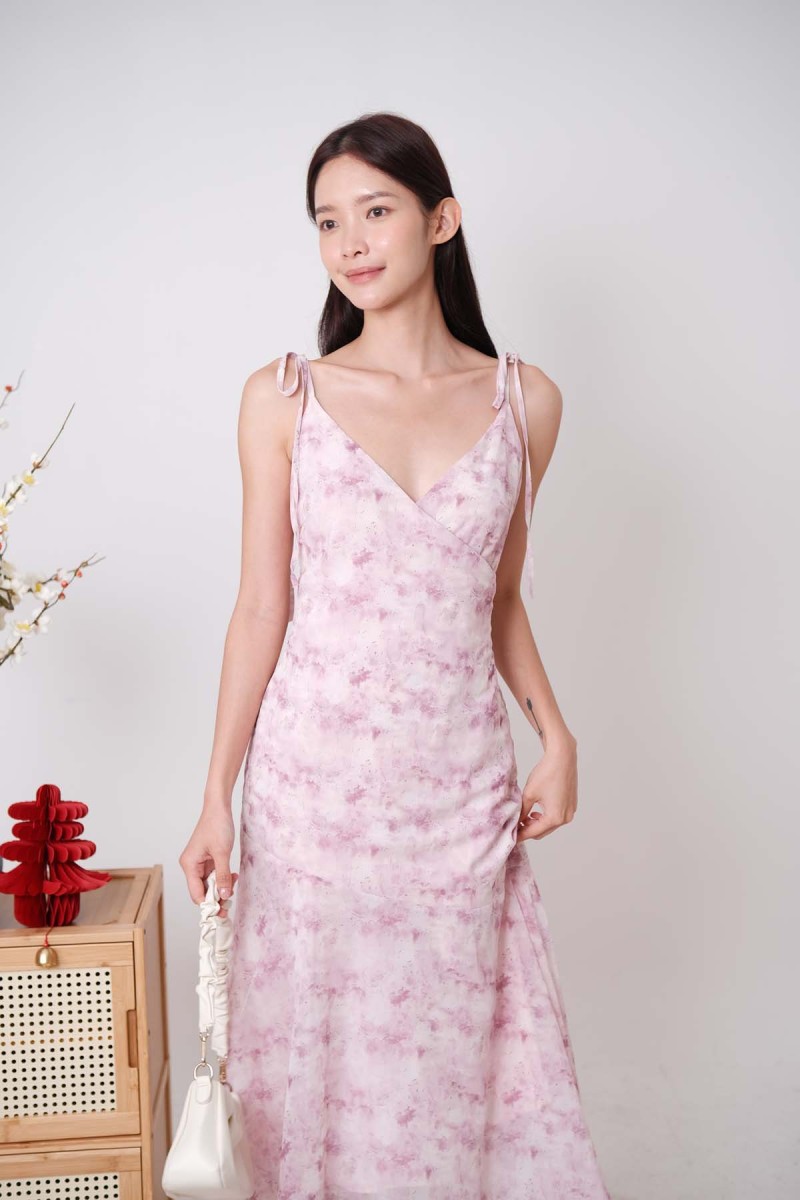 Hestia Drop Hem Watercolour Dress Fuchsia