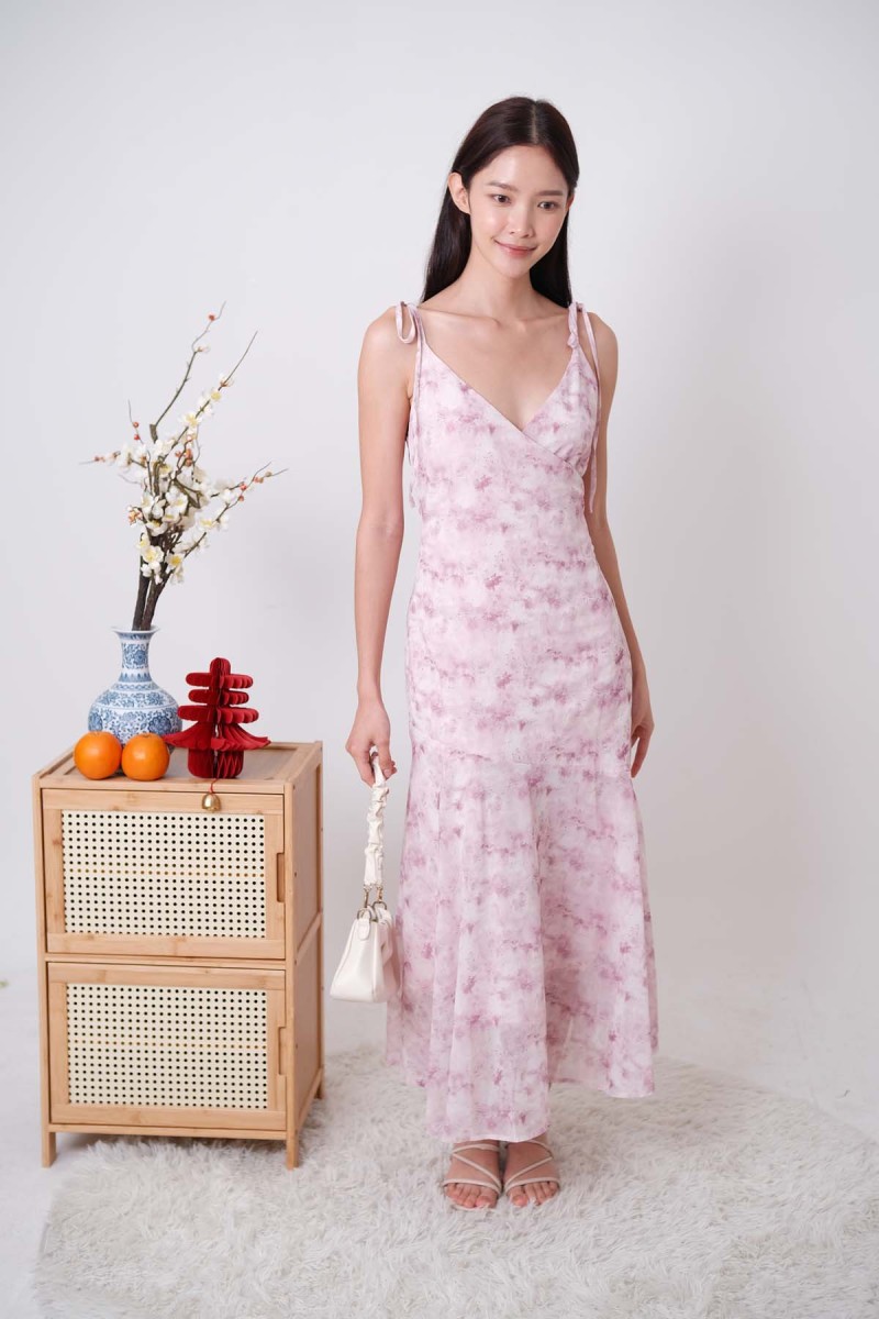 Hestia Drop Hem Watercolour Dress Fuchsia