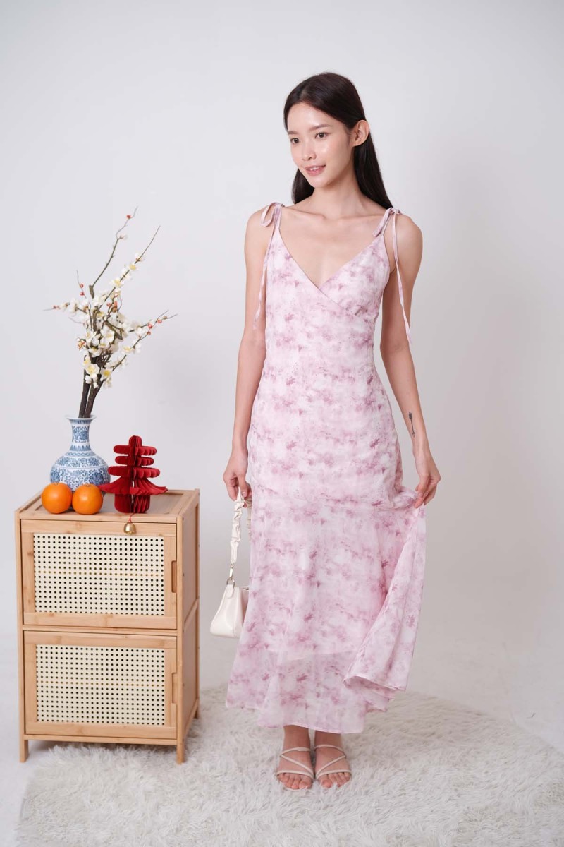 Hestia Drop Hem Watercolour Dress Fuchsia