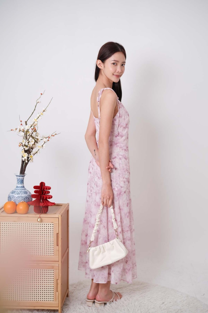 Hestia Drop Hem Watercolour Dress Fuchsia