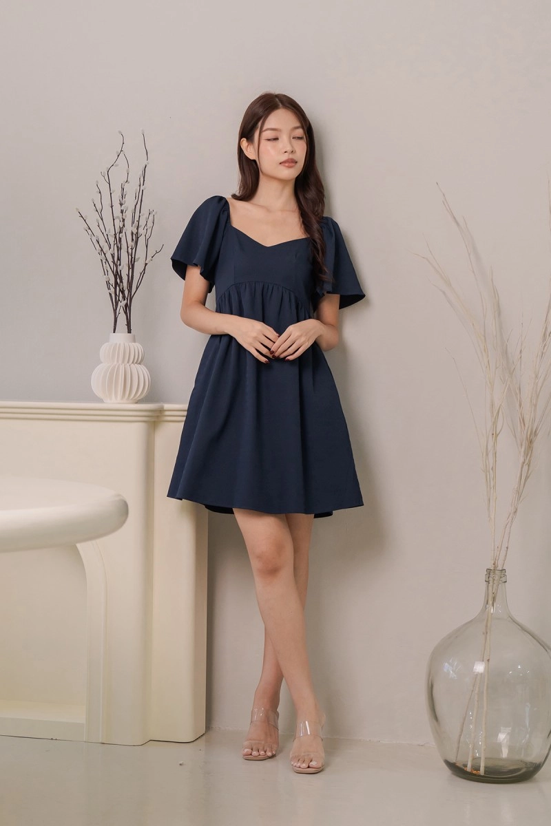 Juno Sweetheart Flutter Sleeve Dress in Navy