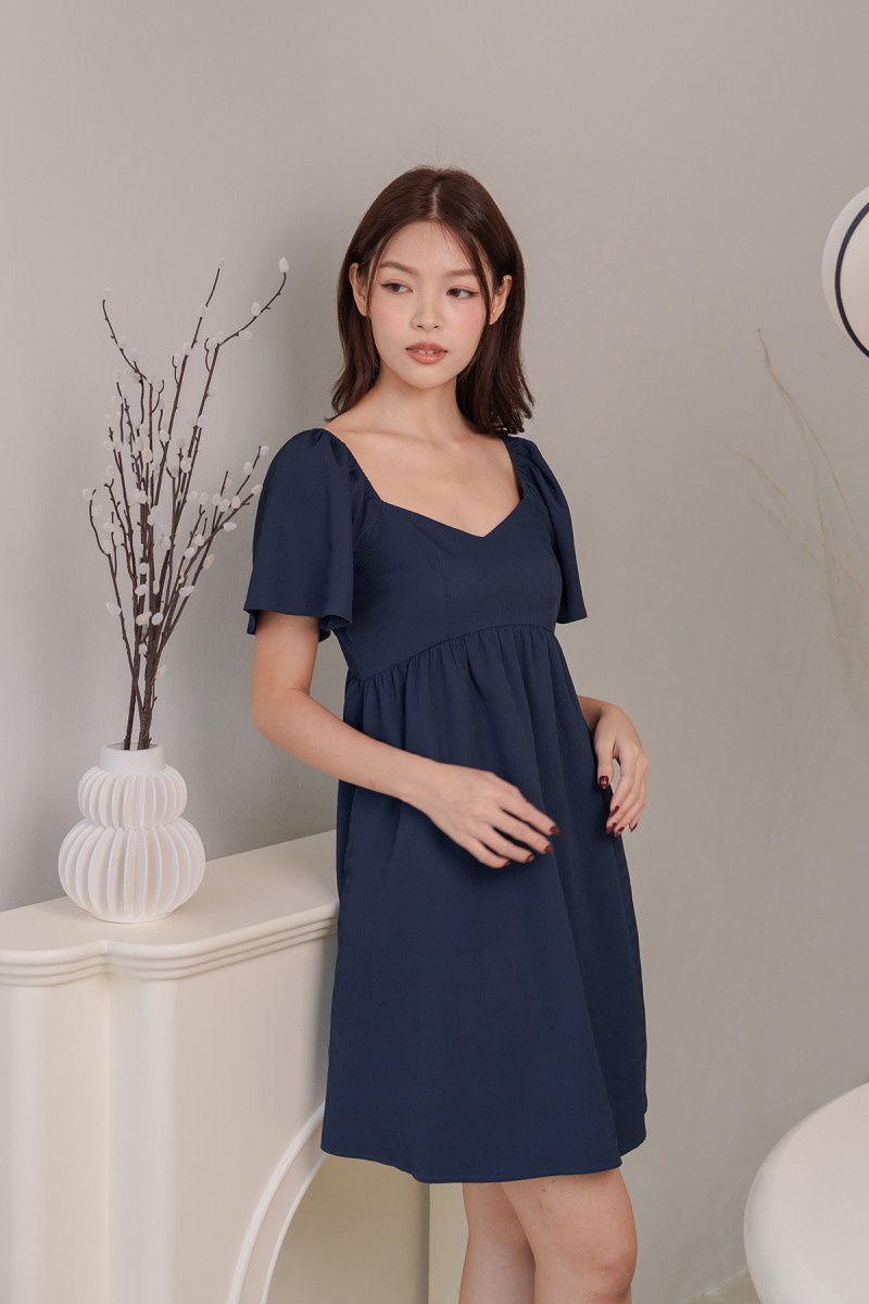 Juno Sweetheart Flutter Sleeve Dress in Navy