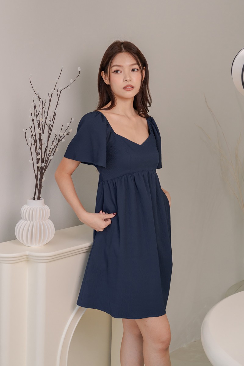 Juno Sweetheart Flutter Sleeve Dress in Navy