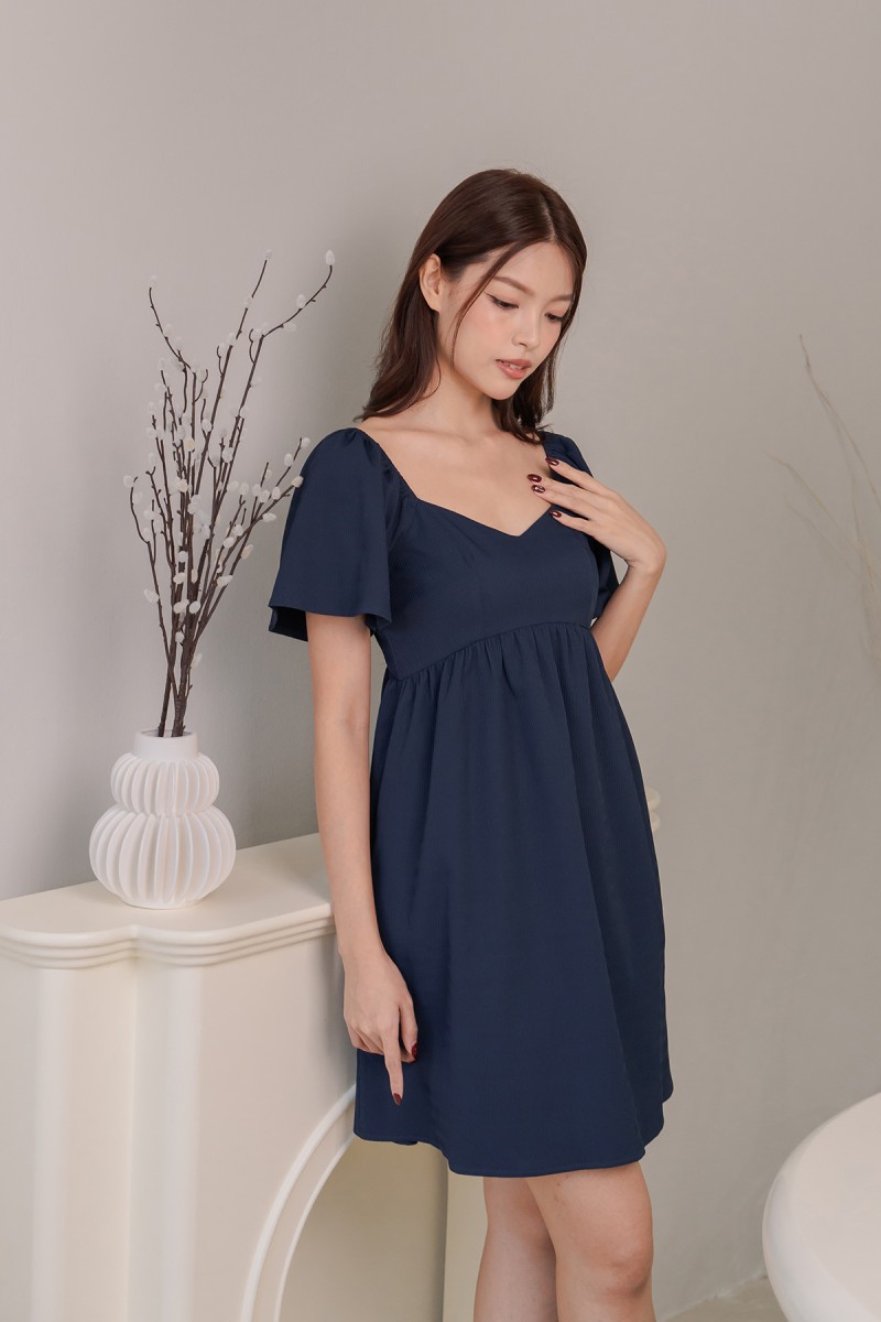 Juno Sweetheart Flutter Sleeve Dress in Navy