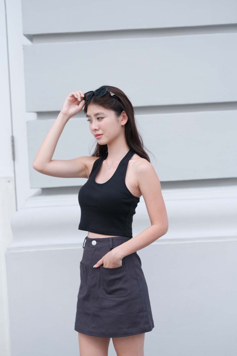 Lowkey Padded Ribbed Halter Top in Black