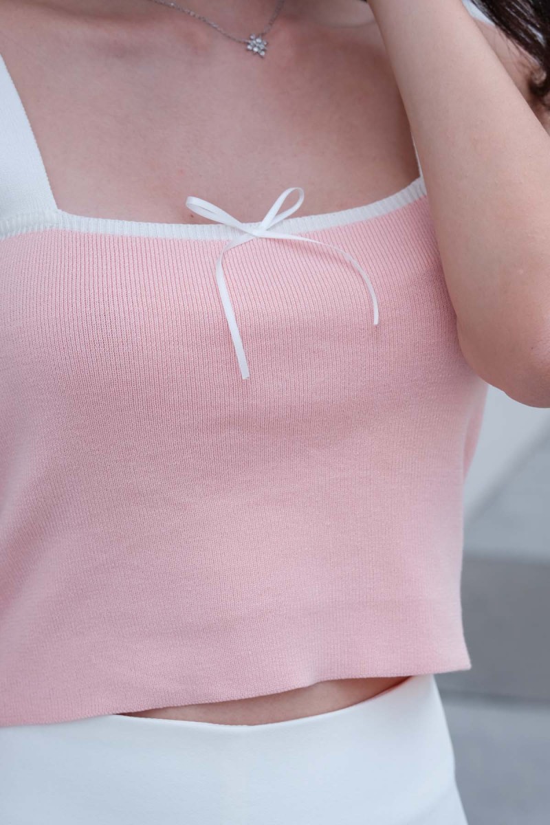 Bunni Knit Ribbon Contrast Top in Pink