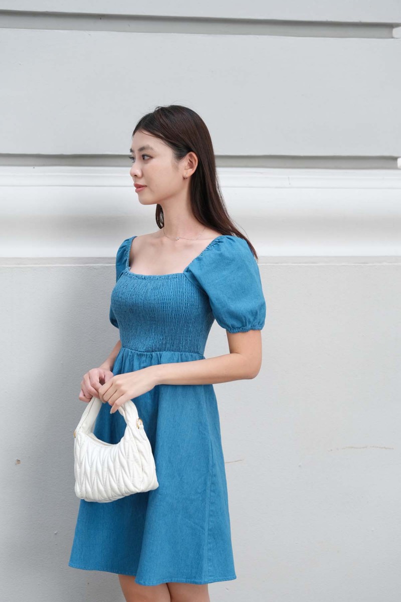 Becca Smocked Denim Puff Sleeved Dress in Light Denim