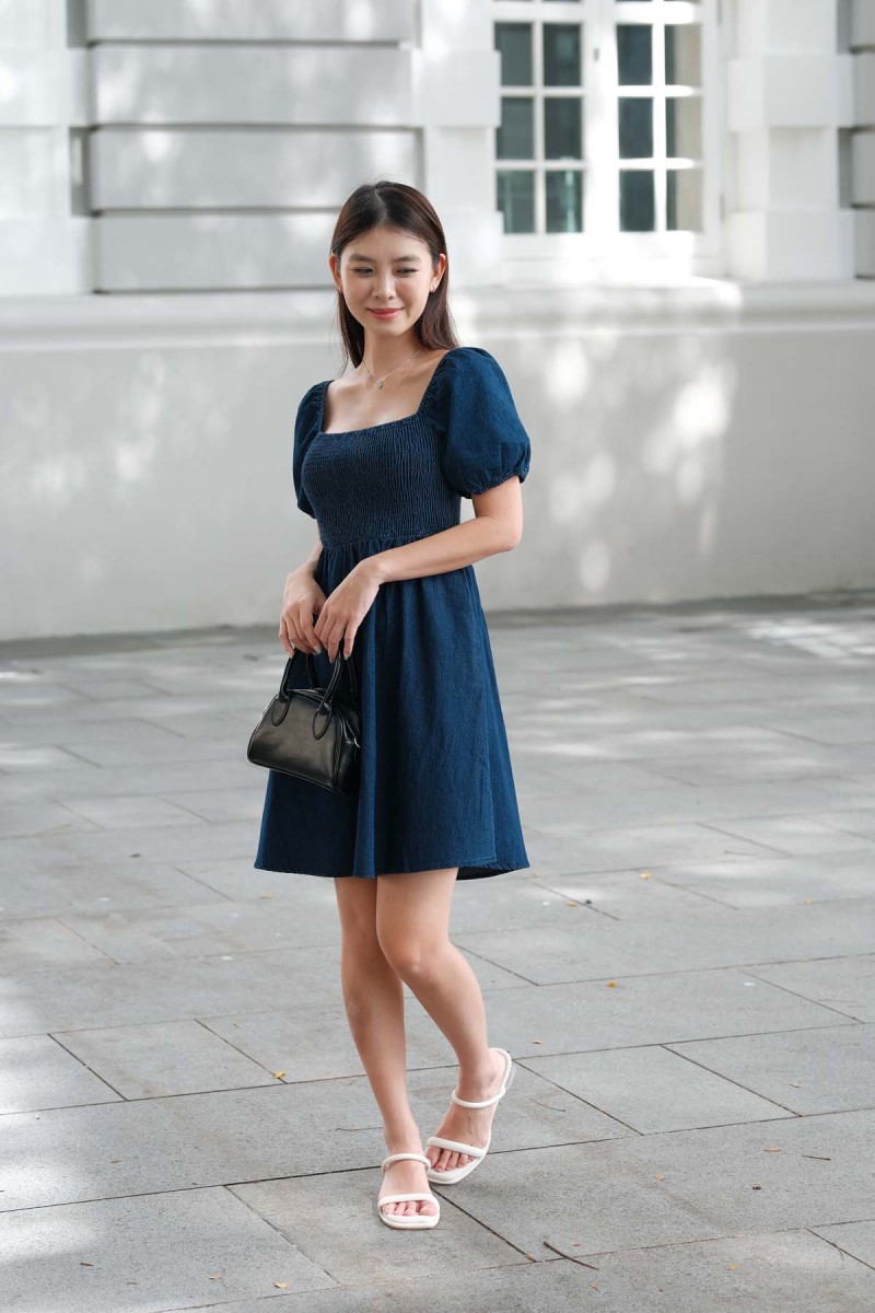 Becca Smocked Denim Puff Dress in Dark Denim