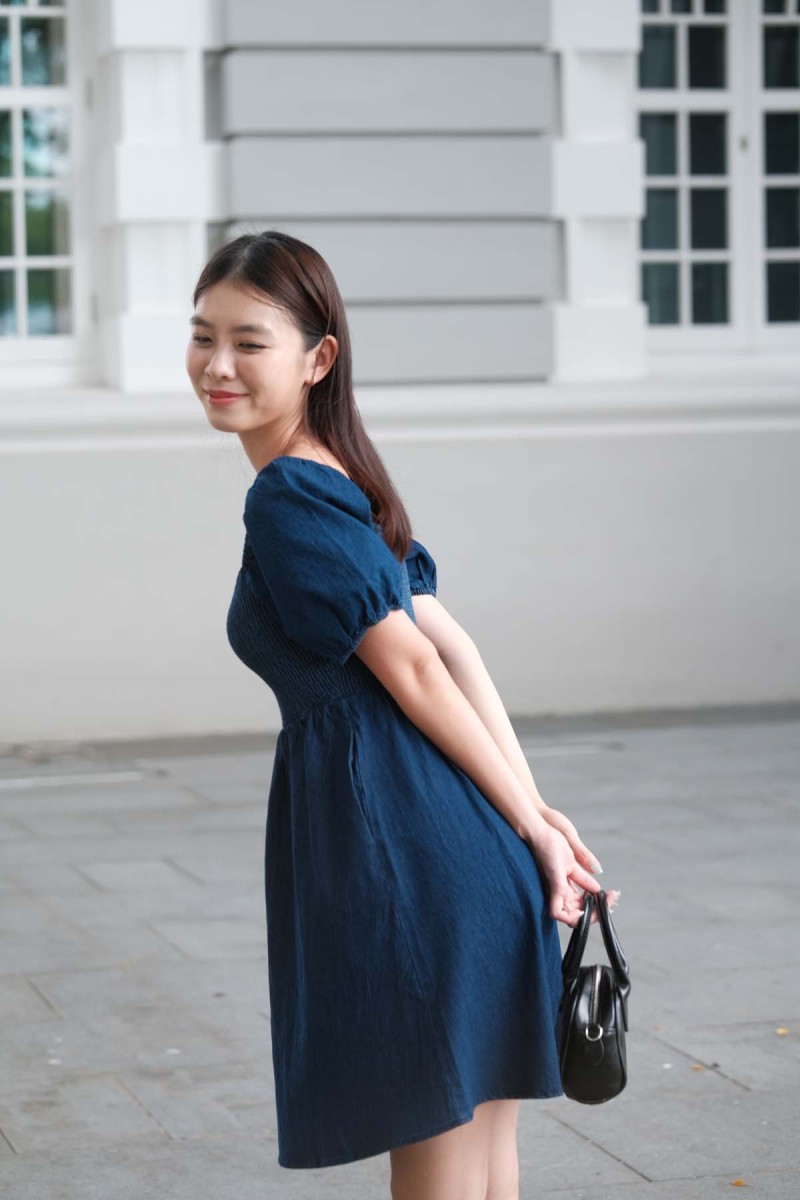 Becca Smocked Denim Puff Dress in Dark Denim