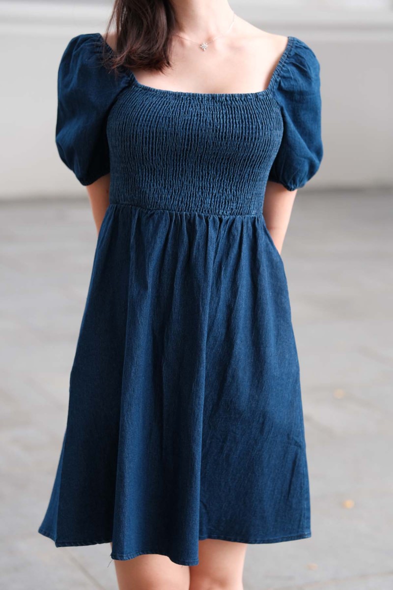 Becca Smocked Denim Puff Dress in Dark Denim