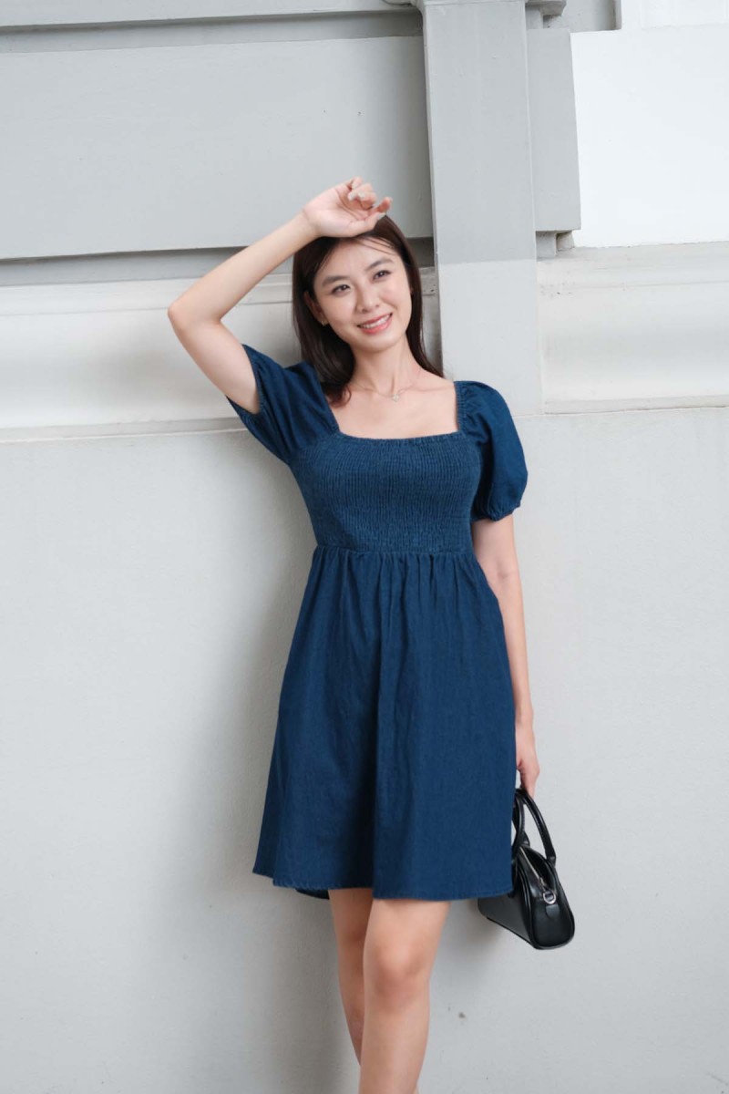 Becca Smocked Denim Puff Dress in Dark Denim