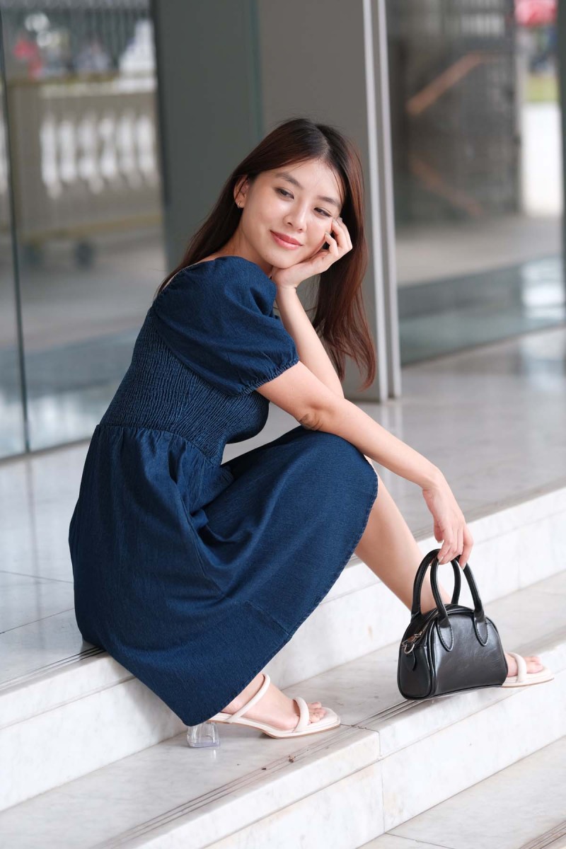 Becca Smocked Denim Puff Dress in Dark Denim