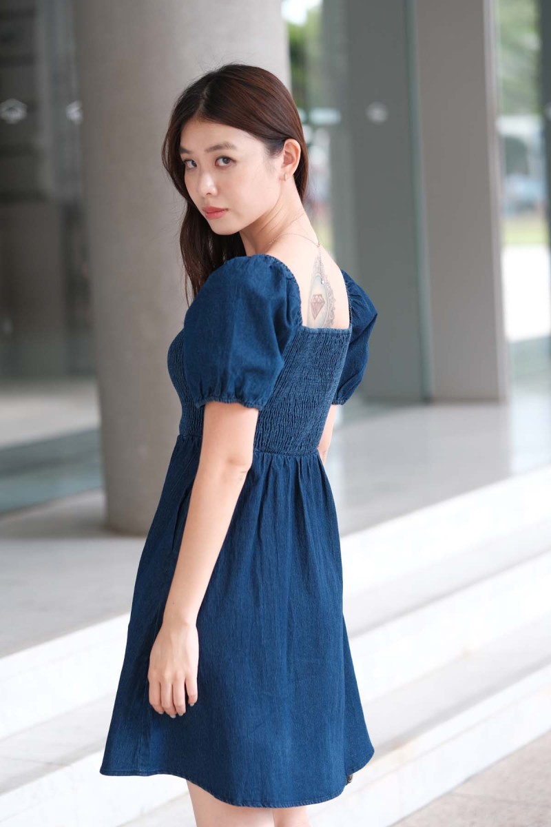 Becca Smocked Denim Puff Dress in Dark Denim