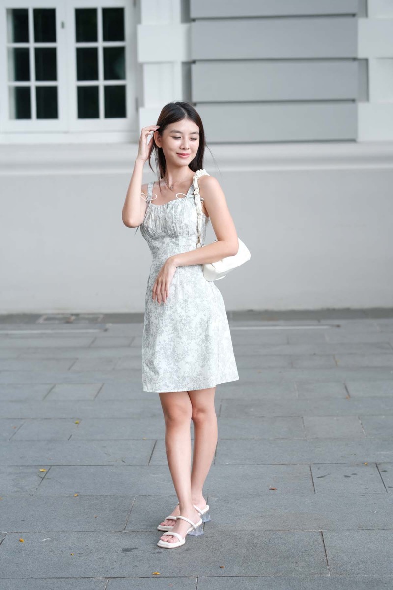 Alora Floral Ribbon Dress in Grey