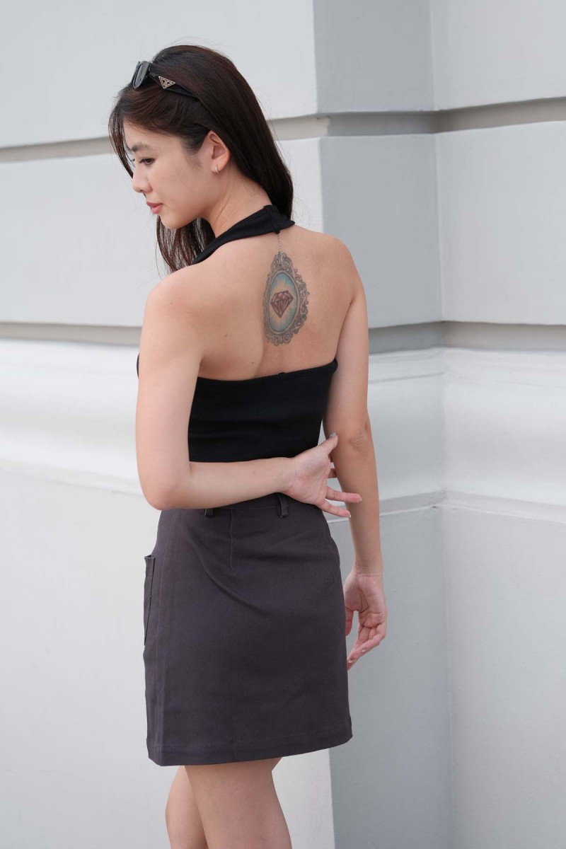 Elea Pocket Denim Skirt in Gunmetal