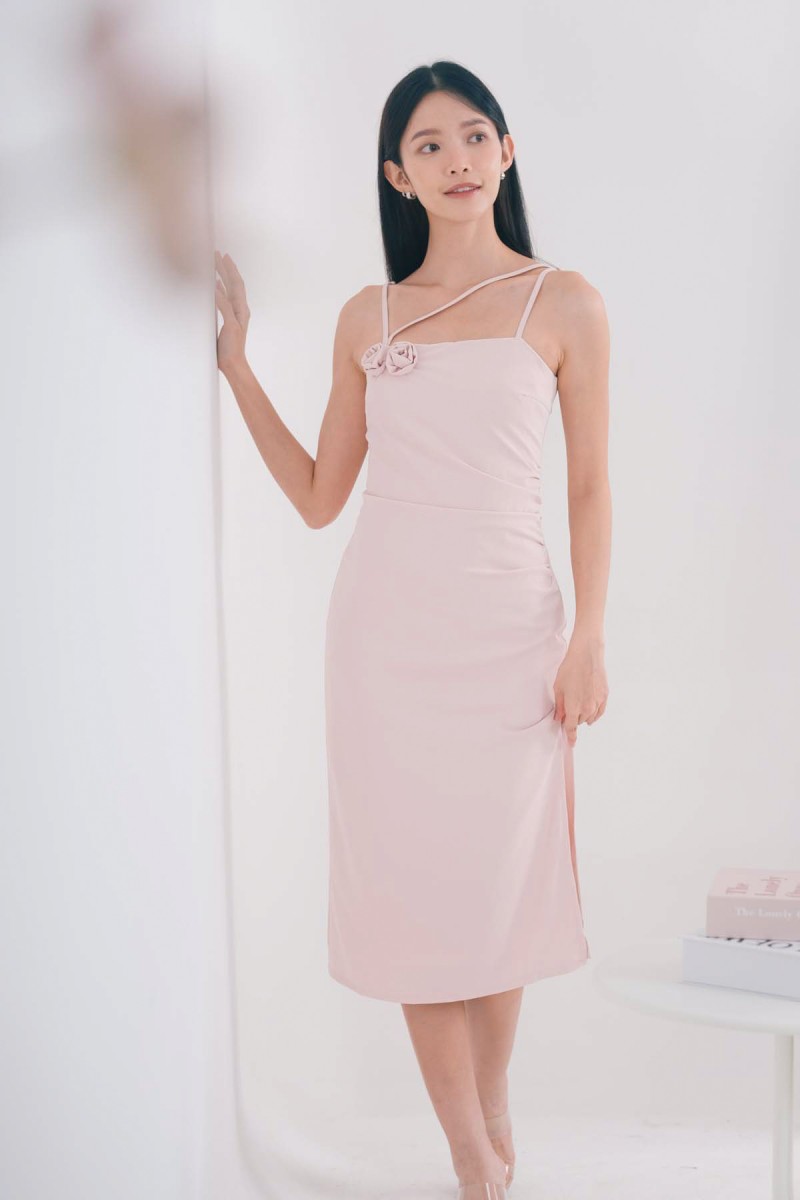 Rosette Rose Ruched Dress in Pink