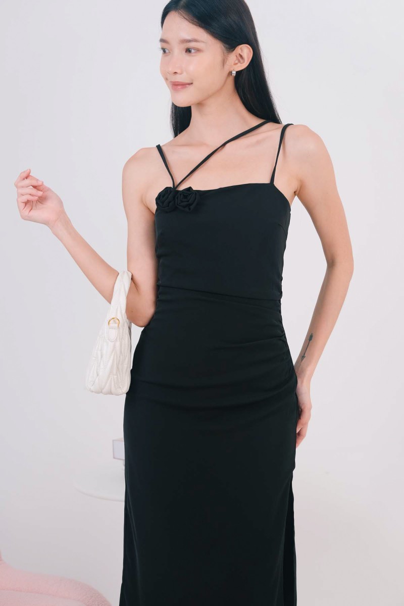 Rosette Rose Ruched Dress in Black