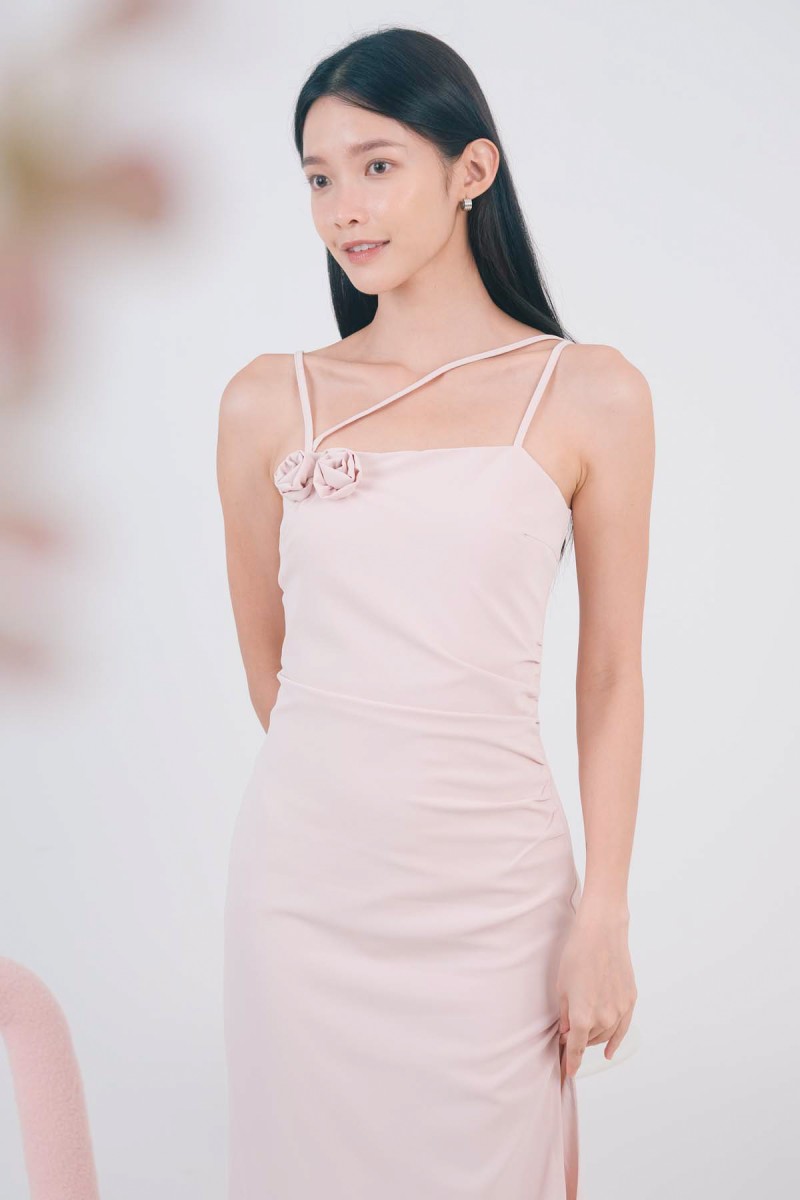 Rosette Rose Ruched Dress in Pink