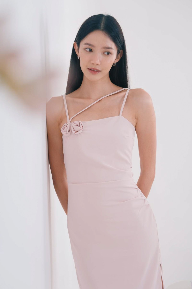 Rosette Rose Ruched Dress in Pink