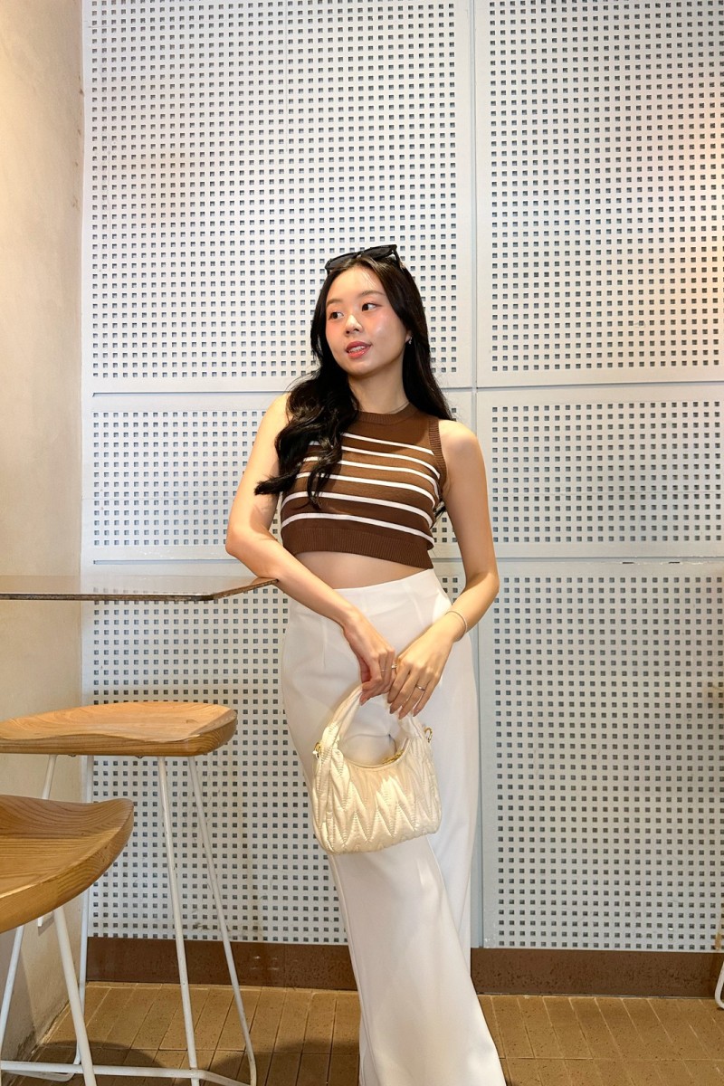 Sienna Striped Ribbed Top in Mocha