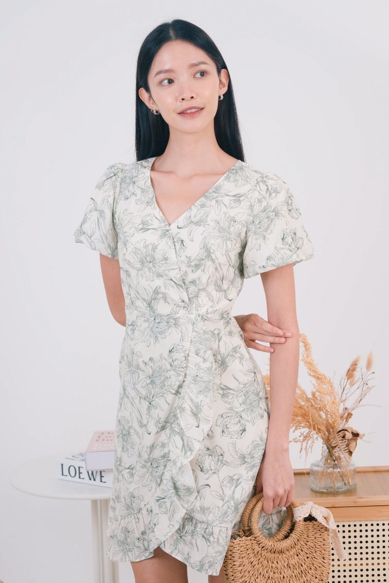 Megan Floral Puff Sleeve Dress in Green