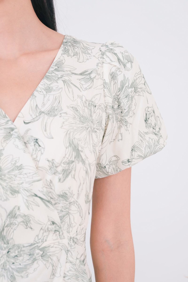 Megan Floral Puff Sleeve Dress in Green