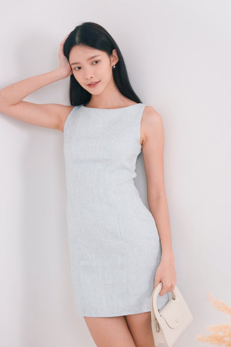 Juliette Soft Tweed Boat Neck Dress in Blue